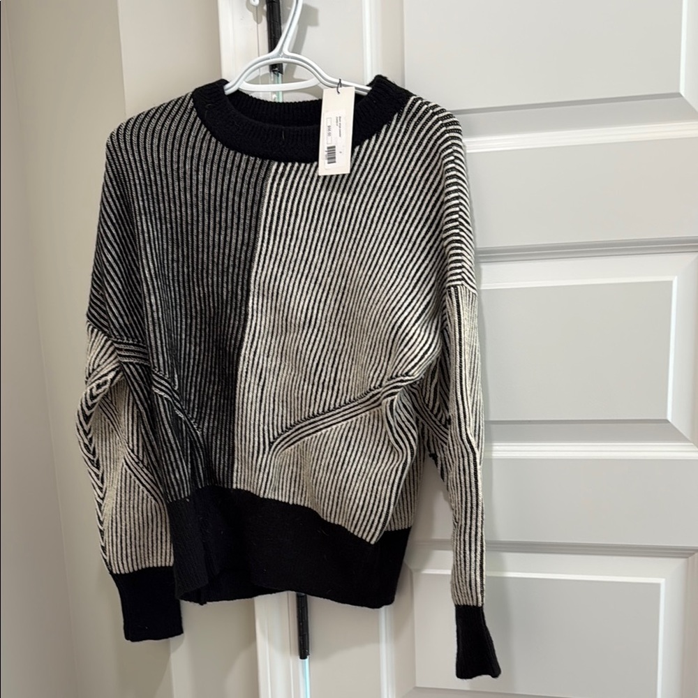 Black and White Crew Neck Sweater with Striped Design